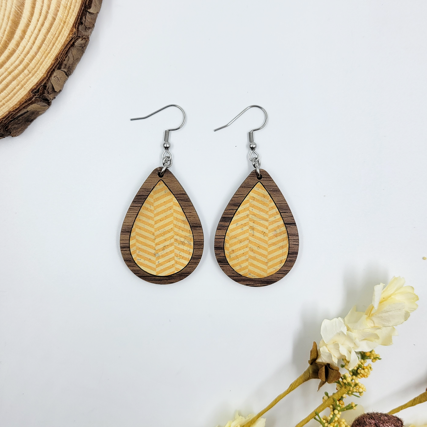 Rustic Yellow Cork & Wood Earrings