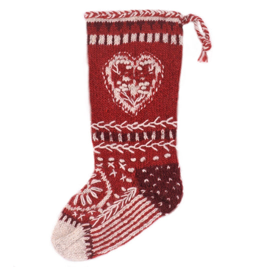 Folk Heart - wool knit Christmas stocking