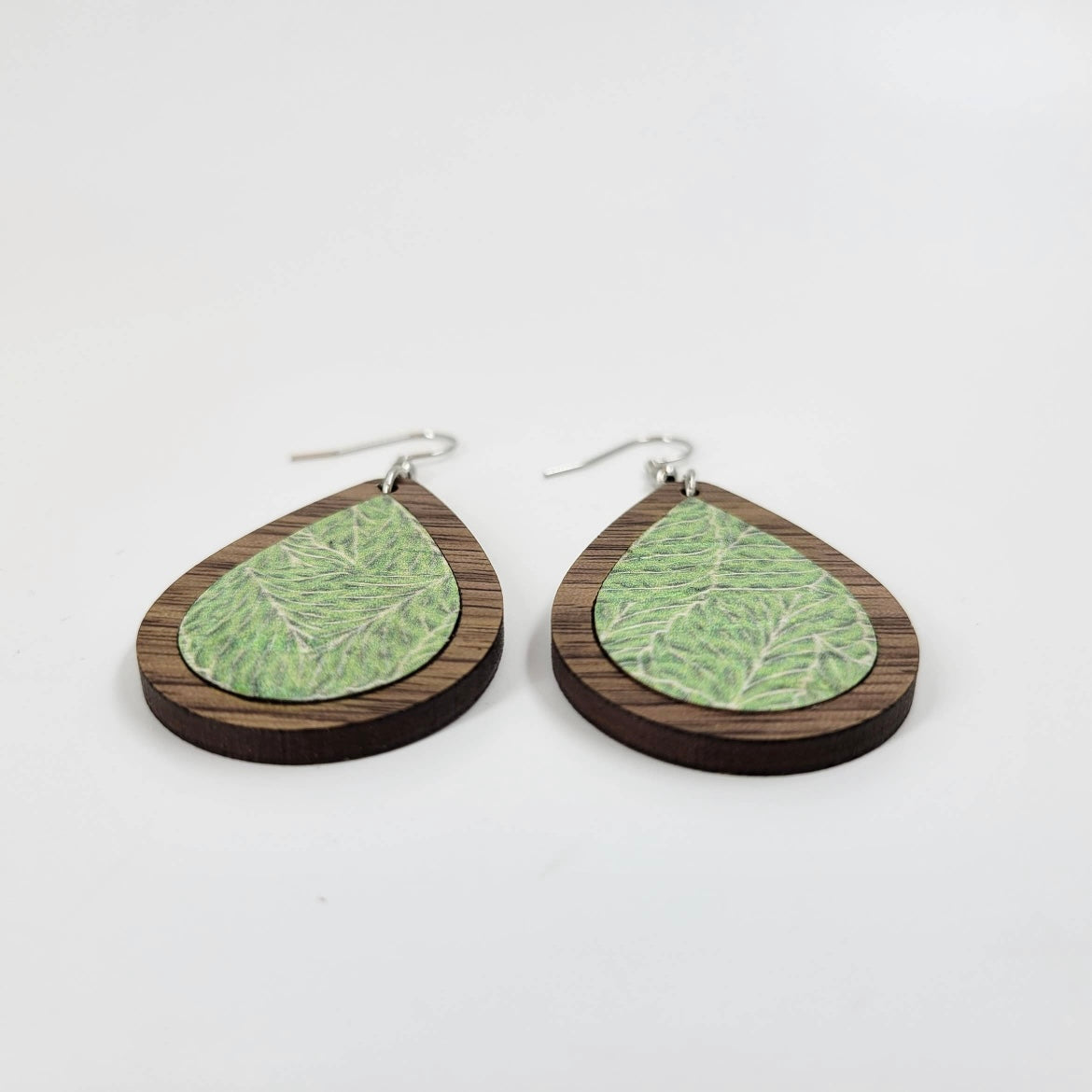 Leaf Cork & Wood Earrings - Natural Green